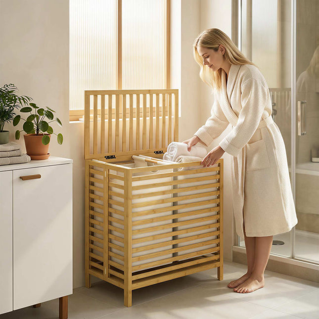 Bamboe wasmand met deksel, 2 opvouwbare waszakken van 32 liter
