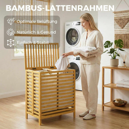 Bamboo Laundry Basket with Lid, 2 Foldable 32L Bags