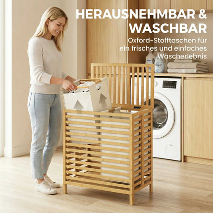 Bamboo Laundry Basket with Lid, 2 Foldable 32L Bags
