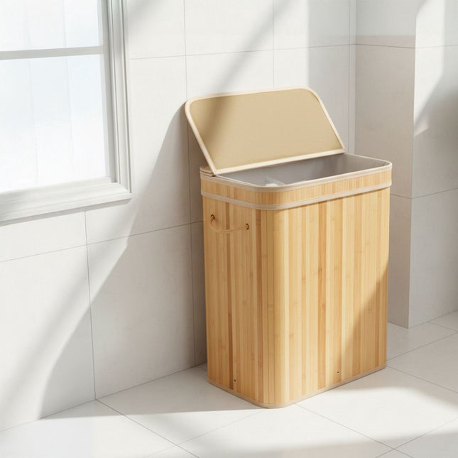 Bamboe wasmand met deksel, handvatten en wasbare tas
