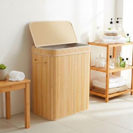Bamboo Laundry Bin With Lid, Handles, Washable Bag