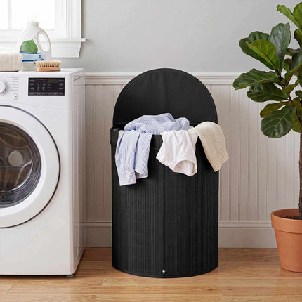 Bamboo Laundry Hamper 72 L with Zippered Lid and Liner, Black, Foldable