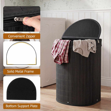 Bamboo Laundry Hamper 72 L with Zippered Lid and Liner, Black, Foldable