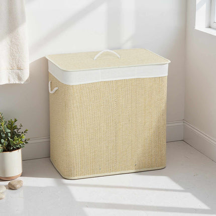Bamboo Laundry Hamper With Lid, 3-Compartment 144L