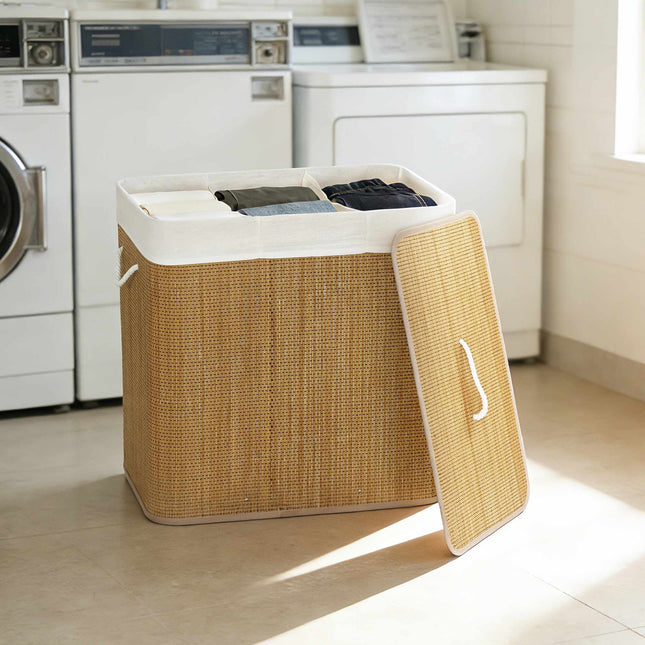 Bamboe wasmand met deksel, 3 compartimenten, 144 liter