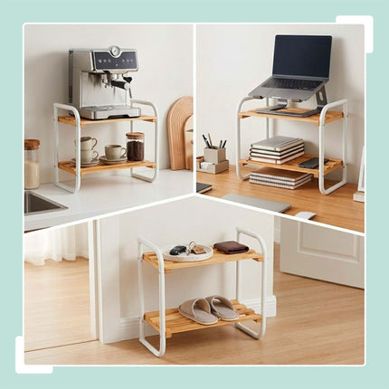 Bamboo & Metal Storage Shelf – Compact, 2-Tier Design