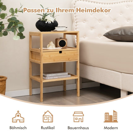 Bamboo Nightstand Set with Drawer & 3-Tier Shelf