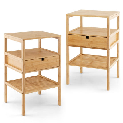 Bamboo Nightstand Set with Drawer & 3-Tier Shelf