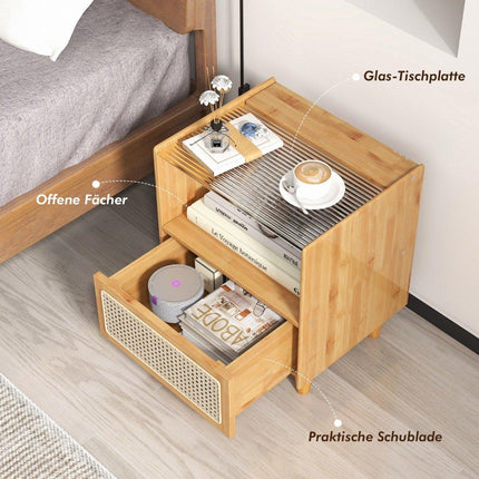 Bamboo & Rattan Nightstand with Drawer, Hidden Storage