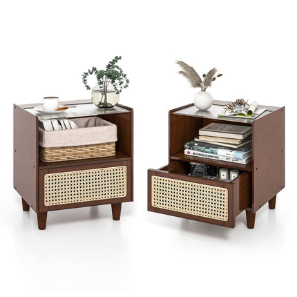 Bamboo & Rattan Nightstand with Drawer, Hidden Storage