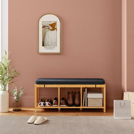 Bamboo Shoe Bench with Cushion, Open Storage, 220kg Capacity