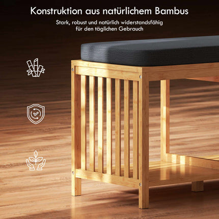 Bamboo Shoe Bench with Cushion, Open Storage, 220kg Capacity
