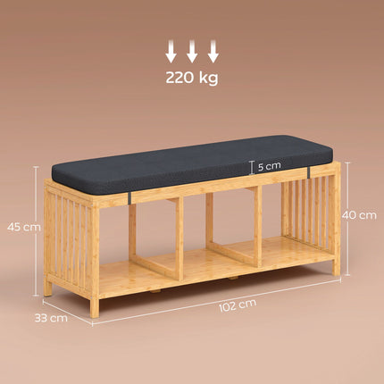 Bamboo Shoe Bench with Cushion, Open Storage, 220kg Capacity