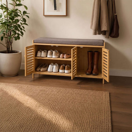 Bamboo Shoe Bench with Padded Seat, 3 Compartments