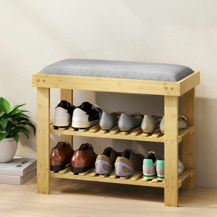 Bamboo Shoe Bench with Storage, 2 Shelves, 60x29x49 cm, Grey