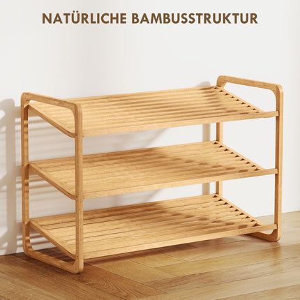 Bamboo Shoe Rack, 3-Tier, 30 kg Capacity, Natural Wood