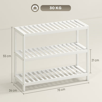 Bamboo Shoe Rack, 3-Tier, White Finish, 70x26x55 cm