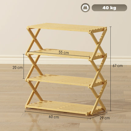 Bamboo Shoe Rack, 4-Tier, Holds 12 Pairs, 60x29x67 cm