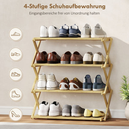 Bamboo Shoe Rack, 4-Tier, Holds 12 Pairs, 60x29x67 cm