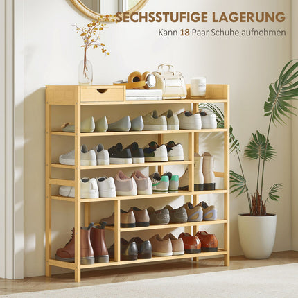 Bamboo Shoe Rack with Drawer, 6 Tiers, Holds 18 Pairs