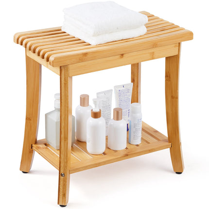 Bamboo Shower Bench, 330 lb Capacity, Storage Shelf