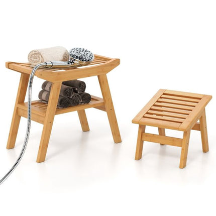 Bamboo Shower Bench With Foot Stool, Storage Shelf