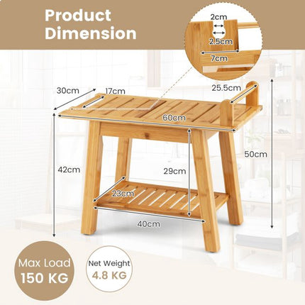 Bamboo Shower Bench with Shelf, 60 x 30 cm, 150 kg