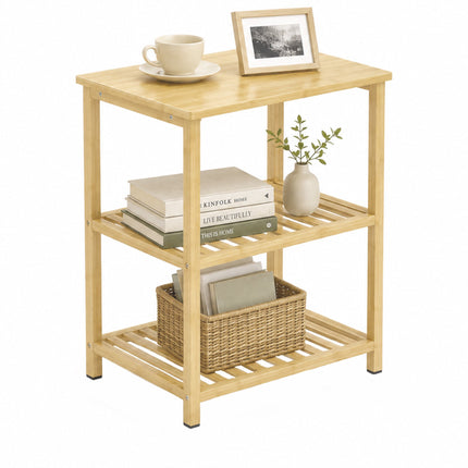 Bamboo Side Table, 3-Tier Slatted Shelves, Natural Finish