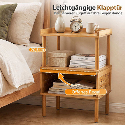 Bamboo Side Table with Flip-Up Door and Open Shelf