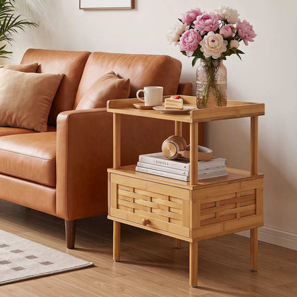 Bamboo Side Table with Flip-Up Door and Open Shelf