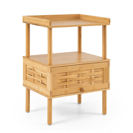 Bamboo Side Table with Flip-Up Door and Open Shelf
