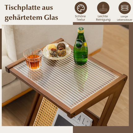 Bamboo Side Table with Rattan Magazine Holder & Glass Top
