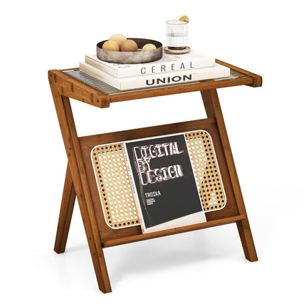 Bamboo Side Table with Rattan Magazine Holder & Glass Top