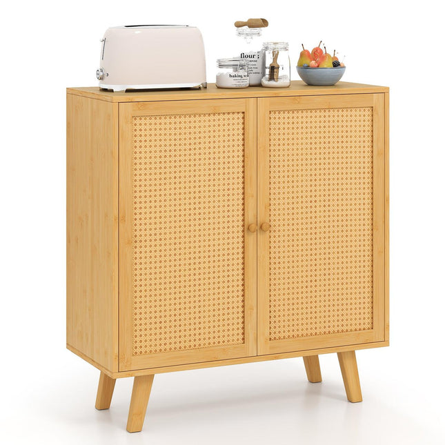 Bamboo Sideboard with 2 Rattan Doors, 80x34.5x85 cm