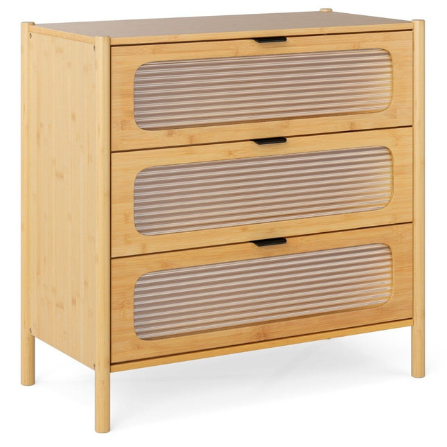 Bamboo Sideboard with 3 Drawers, Tempered Glass Fronts