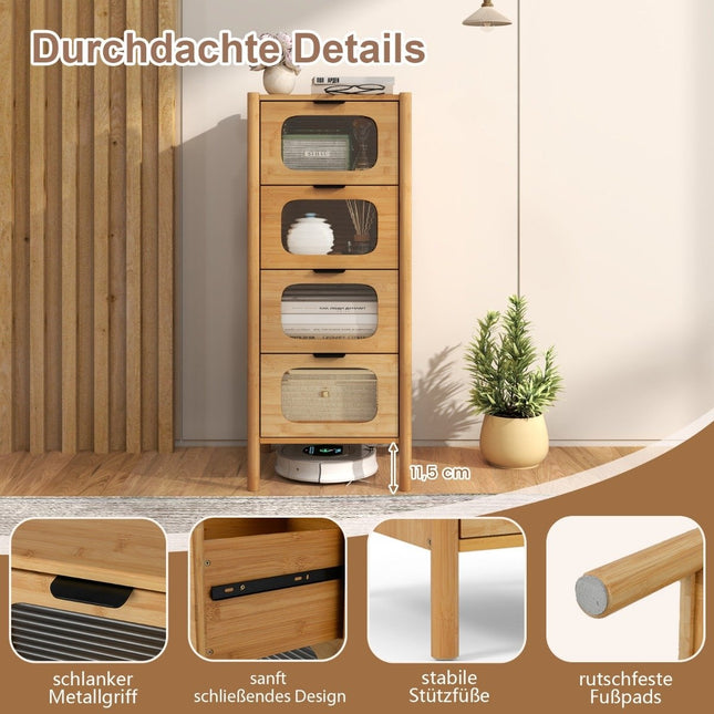 Bamboo Sideboard with 4 Glass Drawers, 40x40x97 cm
