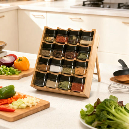Bamboo Spice Rack with 16 Jars – Adjustable Tilt