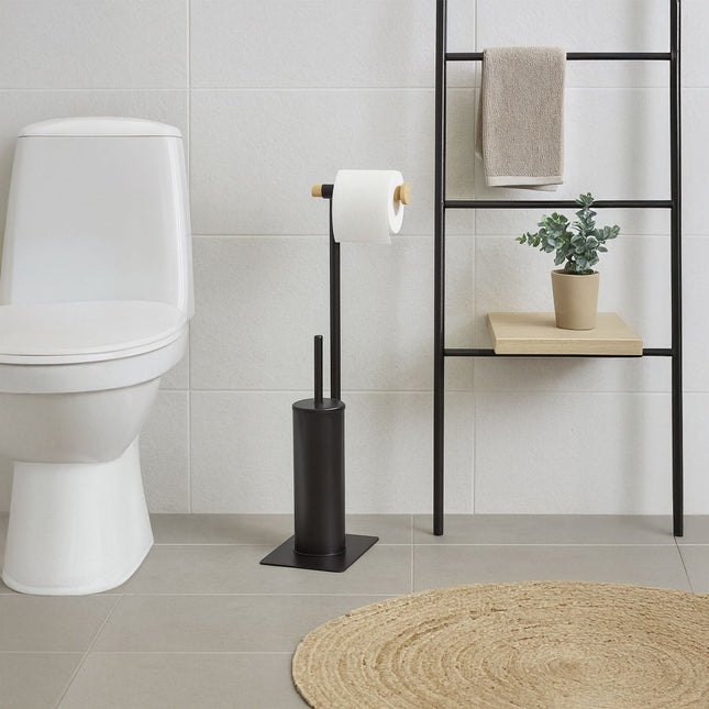 Toiletborstel- en toiletrolhouderset van bamboe en staal