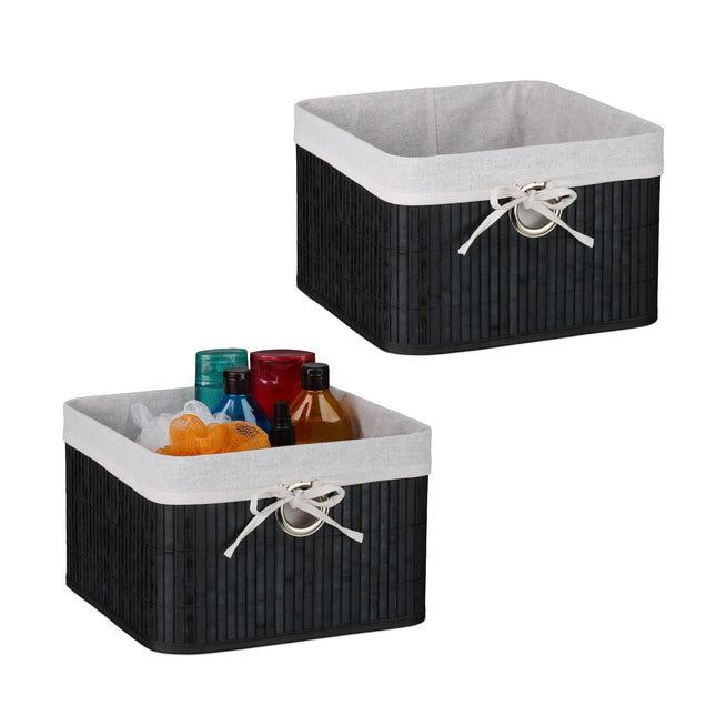 Set opbergmanden van bamboe, vierkant, met stoffen bekleding
