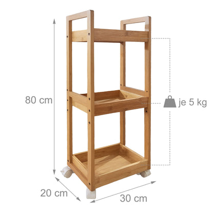 Bamboo Storage Trolley with 3 Adjustable Shelves