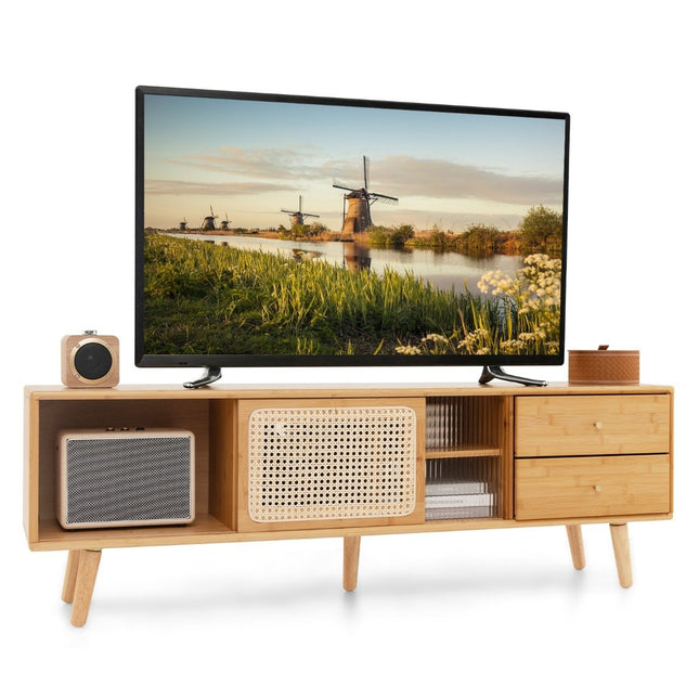 Bamboo TV stand for TVs up to 65 "TV console in mid-century modern style 140 x 31 x 45.5 cm natural