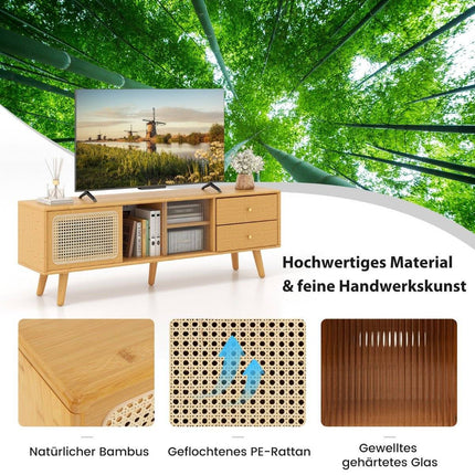 Bamboo TV stand for TVs up to 65 "TV console in mid-century modern style 140 x 31 x 45.5 cm natural