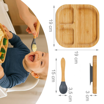 Bamboo Toddler Plate with Spoon – Non-Slip, 3 Compartments