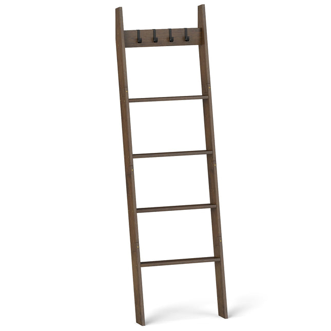 Bamboo Towel Ladder with 4 Hooks & 5 Rungs, Anti-Tip