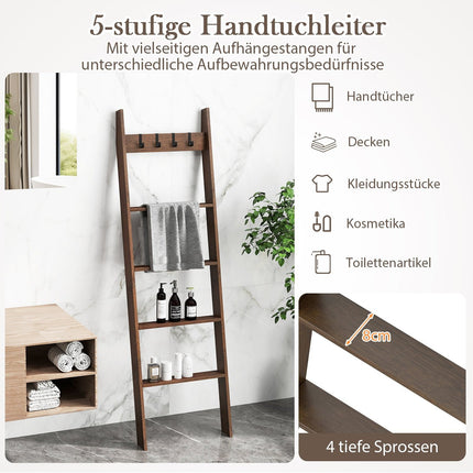 Bamboo Towel Ladder with 4 Hooks & 5 Rungs, Anti-Tip