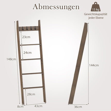 Bamboo Towel Ladder with 4 Hooks & 5 Rungs, Anti-Tip