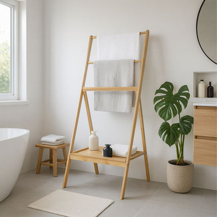 Bamboo Towel Rack with Shelf – Freestanding, Foldable