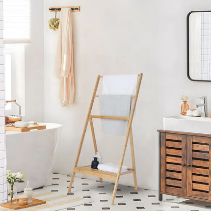 Bamboo Towel Rack with Shelf – Freestanding, Foldable