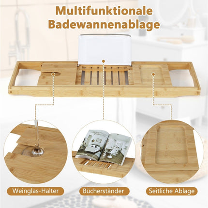 Bamboo bath boards extendable bath shelf with adjustable book stand 70.5-105 x 22 x 4 cm natural