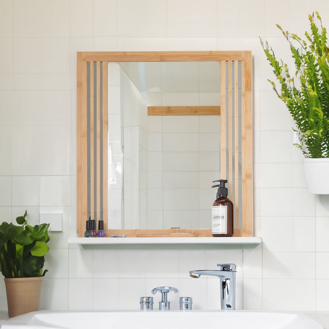 Bamboo bathroom mirror with shelf